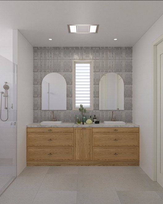3D render of a bathroom with arched mirrors above a timber vanity