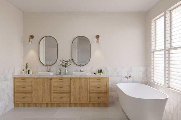 3D render of a bathroom with a timber double vanity and freestanding bath
