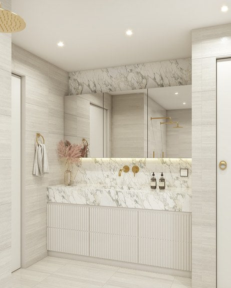 3D render of a bathroom vanity with a marble splashback