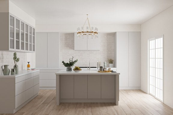 3D render of a kitchen with a grey island and glass-front cabinets