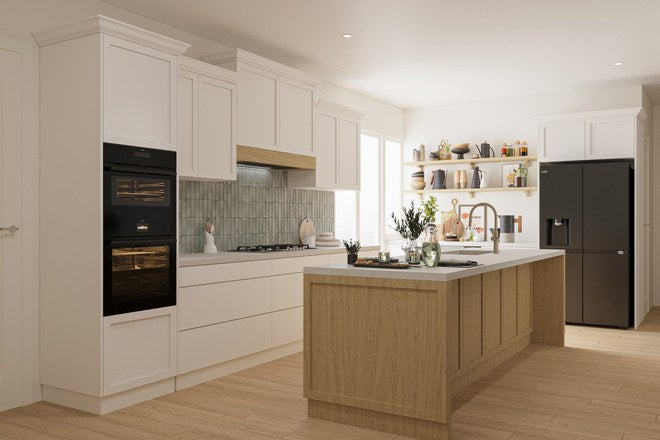 3D render of a kitchen with a timber island and black ovens