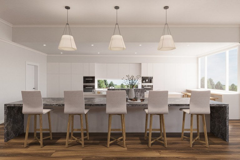 3D render of a kitchen with a long stone island, bar stools and pendant lights