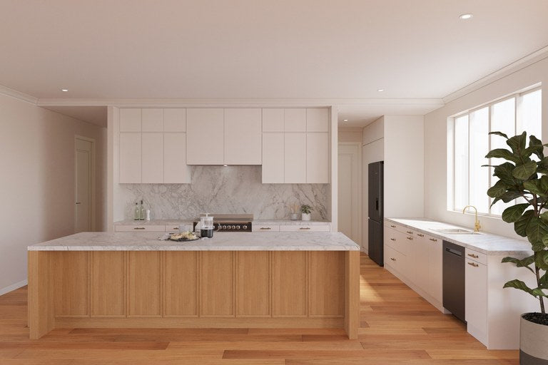3D render of a white kitchen with a timber island bench