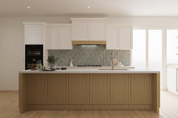 3D render of a kitchen with a timber island and a patterned tile splashback