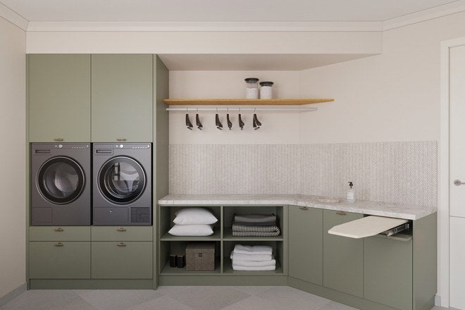 3D render of a laundry with sage green cabinetry and open shelving