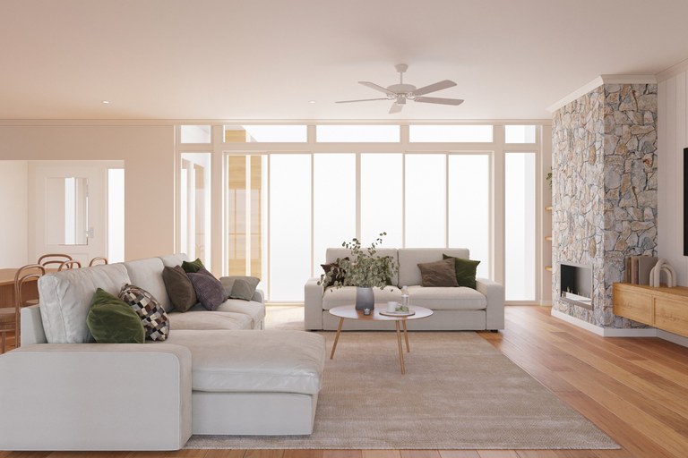 3D render of a light-filled living room with a stone fireplace