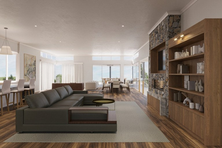3D render of a living room with built-in timber shelving beside a stone wall