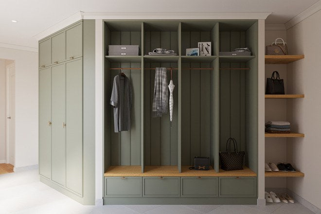 3D render of a mudroom with sage green lockers and a timber bench seat