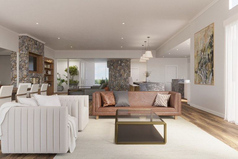 3D render of an open-plan living area with a stone feature wall