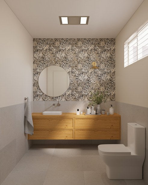 3D render of a bathroom with a timber vanity against a patterned feature wall