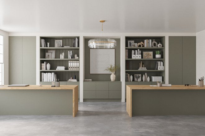 3D render of a study with sage green built-in desks and shelving