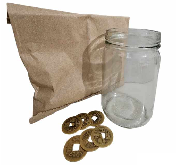 The image shows a clear glass jar, a brown paper bag, and several round coins with square holes in the center, resembling traditional Chinese coins.