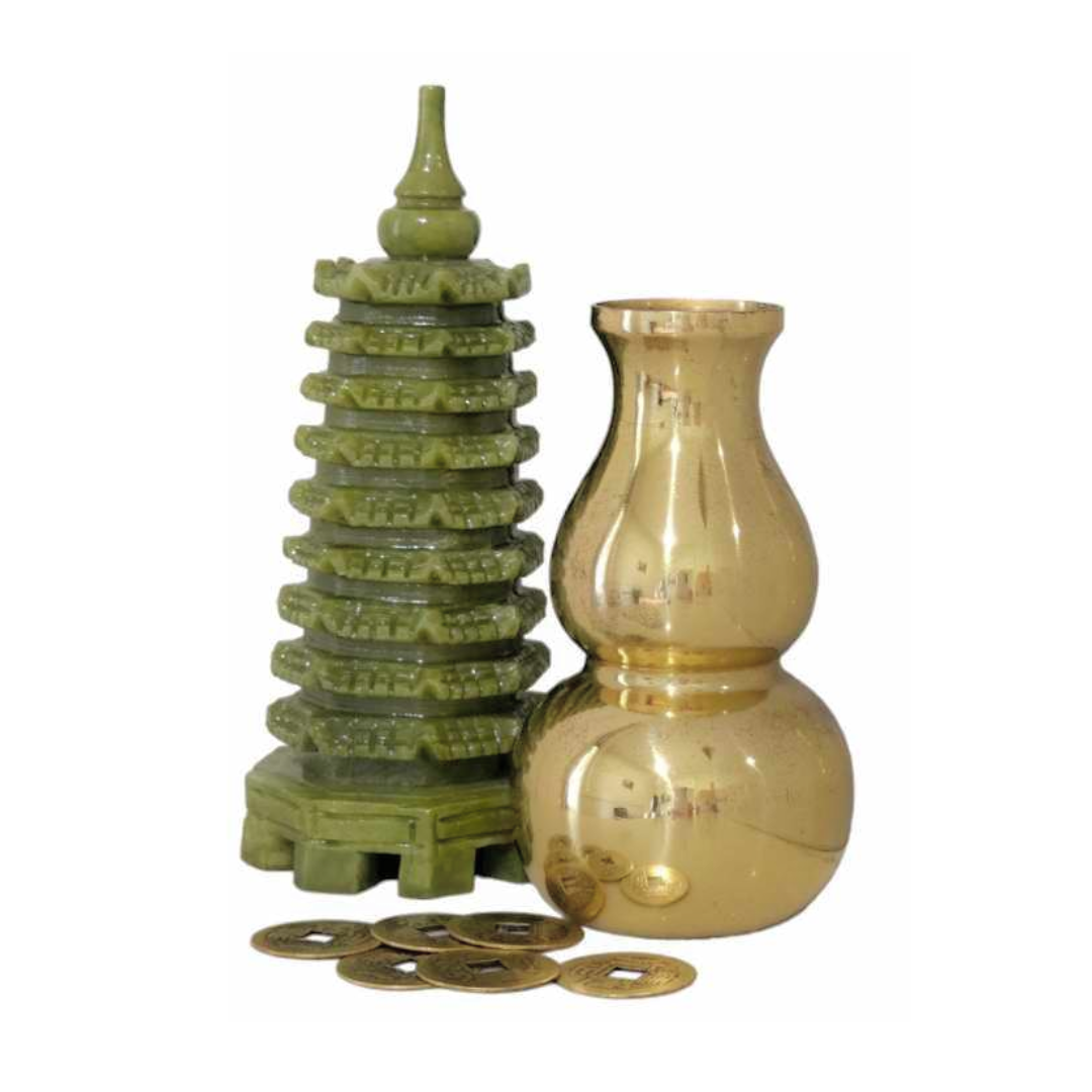 The image shows a green pagoda-shaped ornament, a gold-colored gourd-shaped vase, and several round coins with square holes in the center.