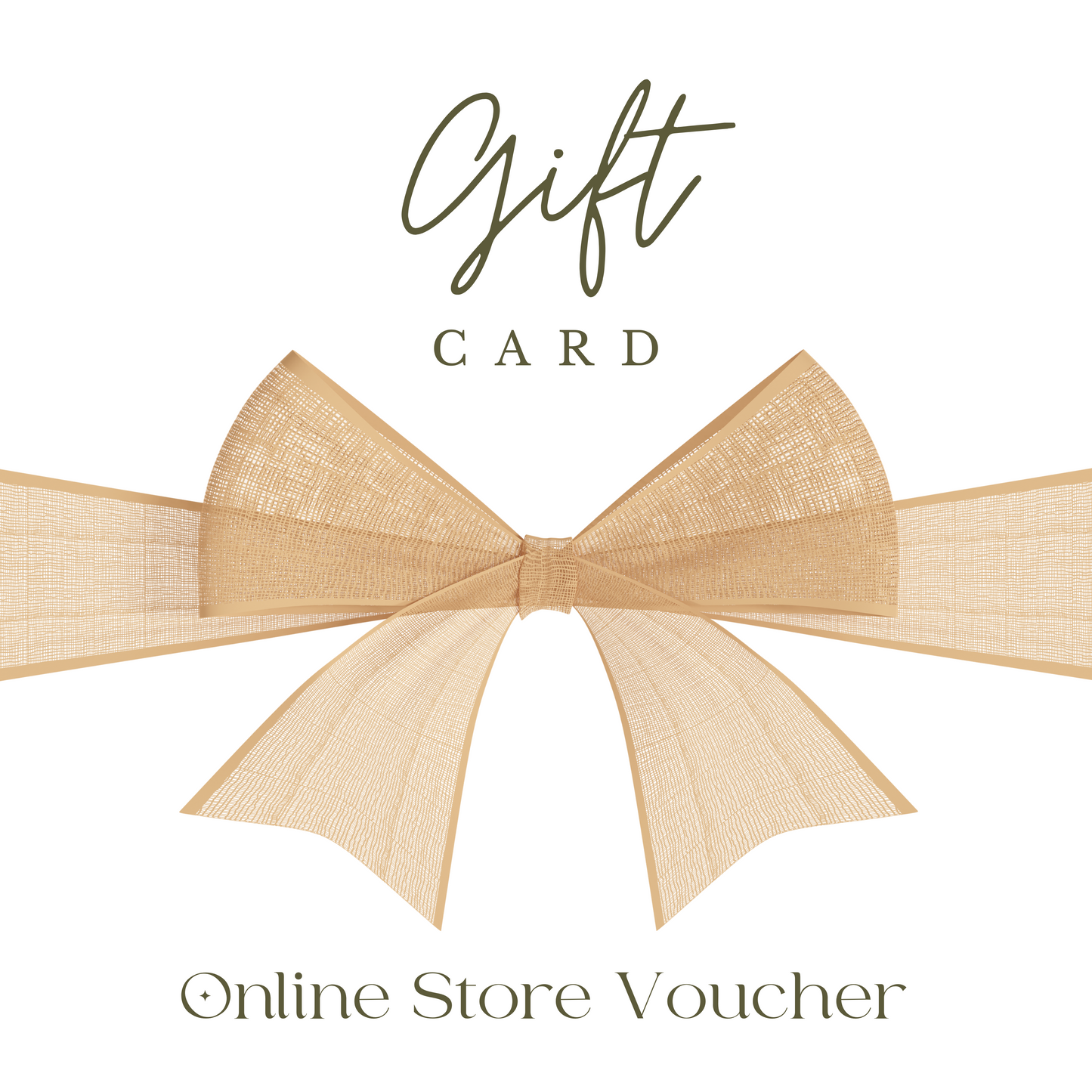 This is an image of a gift card for an online store voucher. It features a large, elegant bow in the center with the words "Gift Card" above it and "Online Store Voucher" below. The design is simple and sophisticated.