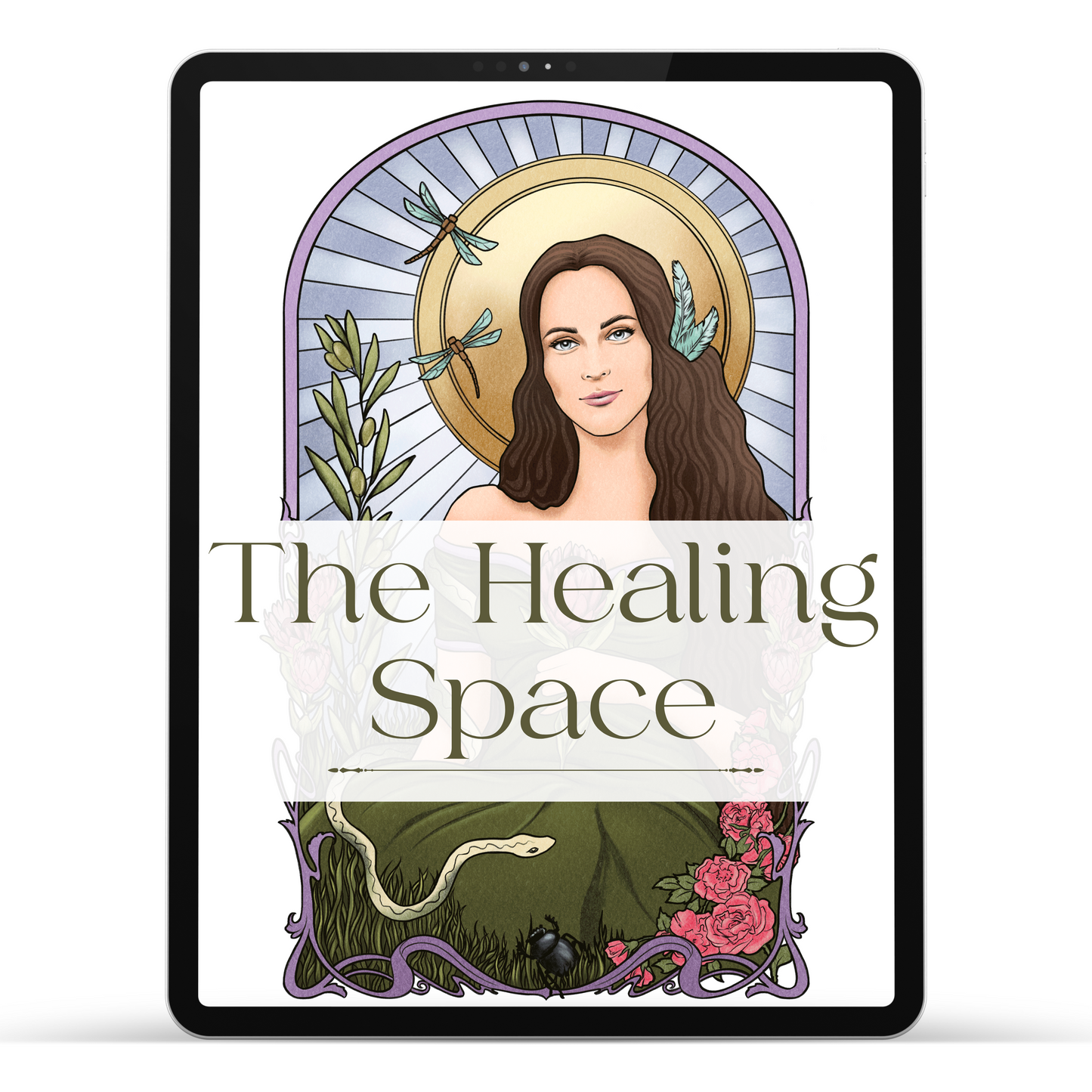The image is an illustration of a woman with long brown hair, surrounded by plants and dragonflies, with a halo behind her. Below her is a snake and roses. The text "The Healing Space" is overlaid on the image.
