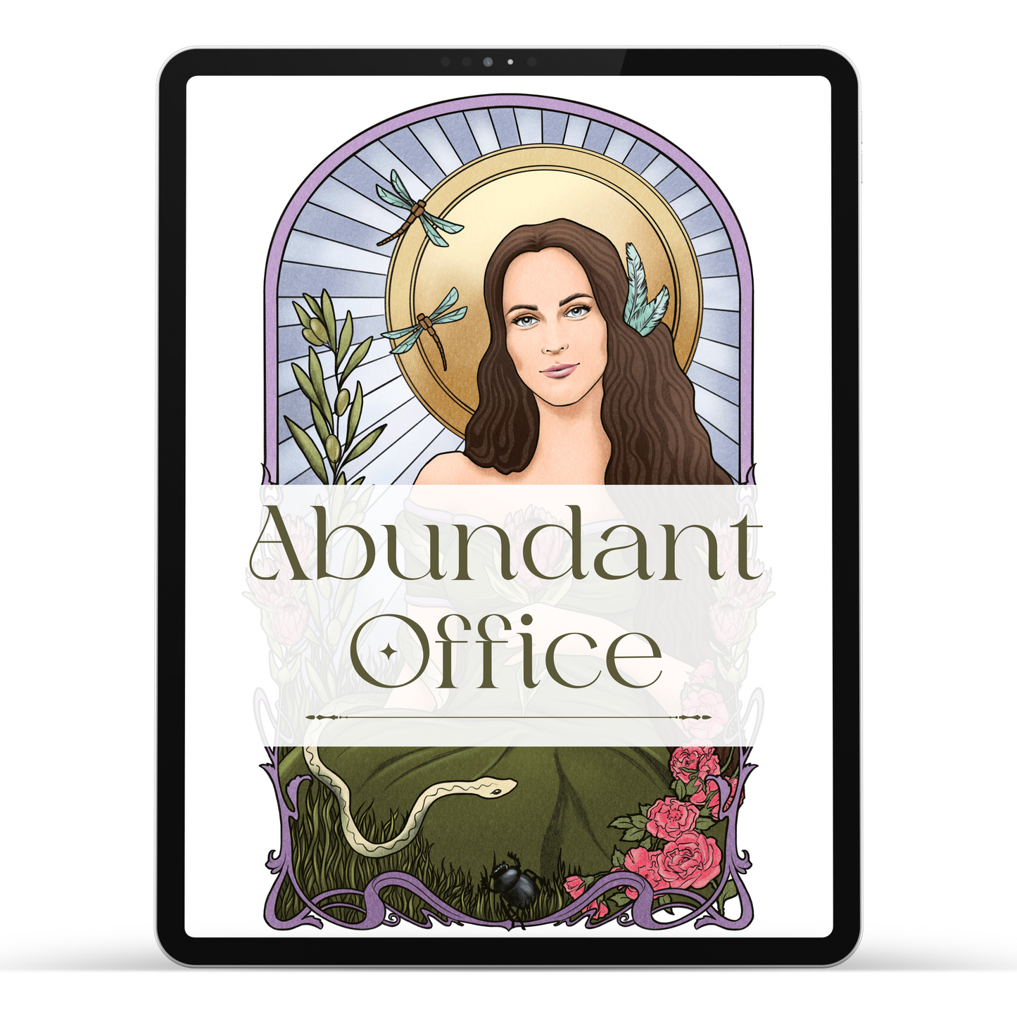 The image features an illustrated woman with long hair, surrounded by a halo and dragonflies. Below her are plants, a snake, roses, and a beetle. The text "Abundant Office" is overlaid in the center.