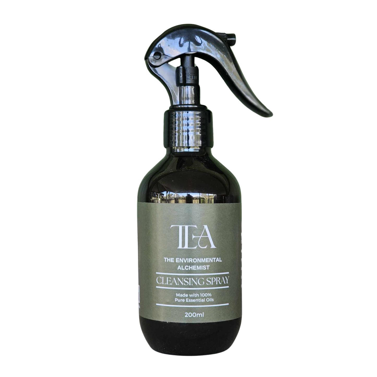 This is an image of a spray bottle labeled "TEA The Environmental Alchemist Cleansing Spray." The bottle contains 200ml and is made with 100% pure essential oils.