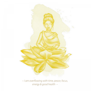 yellow graphic of woman meditating and Lilly Graphic