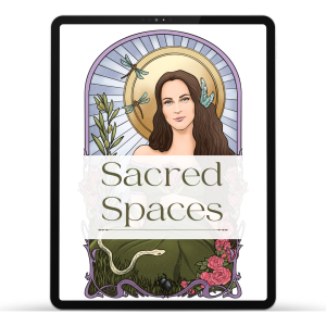 Illustrated cover for “Sacred Spaces” – a Feng Shui guide by The Environmental Alchemist, featuring a feminine figure surrounded by nature, symbolic of inner peace and home harmony.