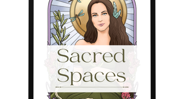 Illustrated cover for “Sacred Spaces” – a Feng Shui guide by The Environmental Alchemist, featuring a feminine figure surrounded by nature, symbolic of inner peace and home harmony.